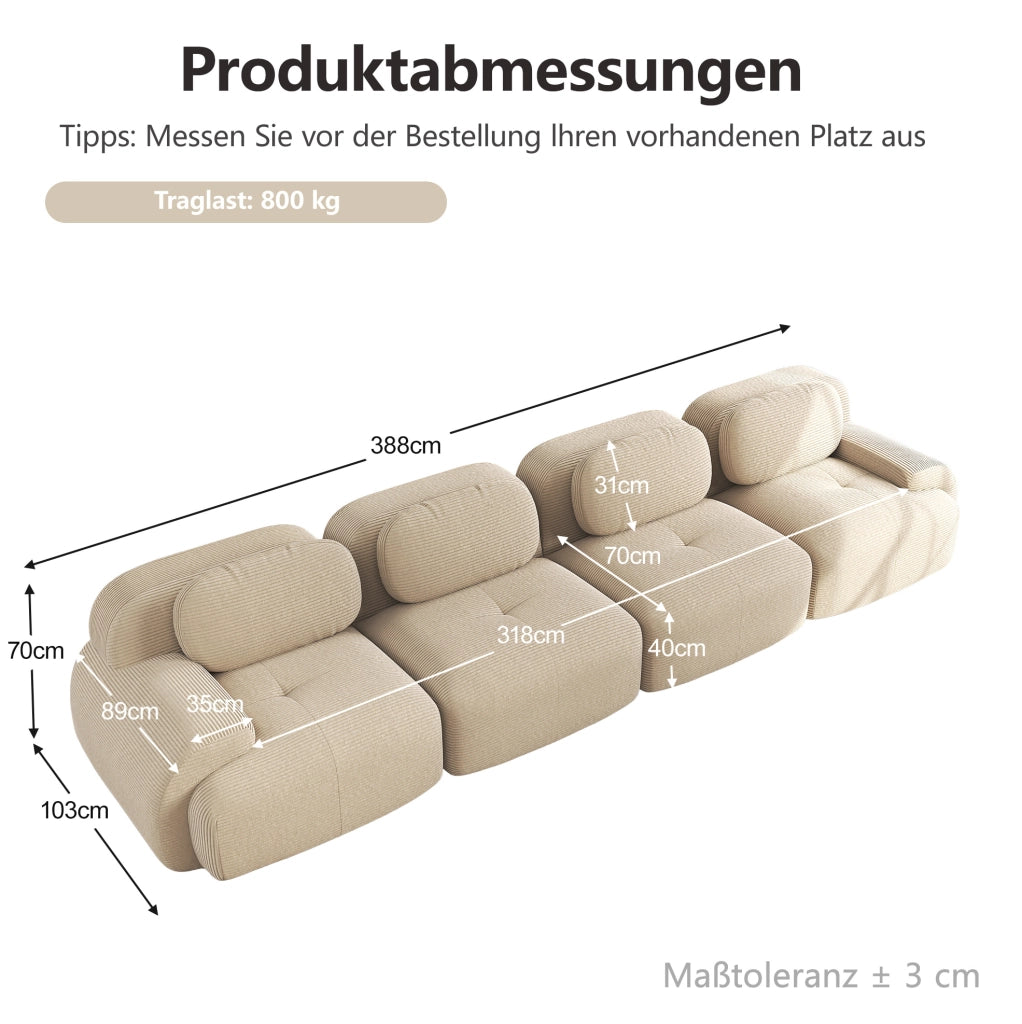 Divano modulare 4 posti 388x103x70 cm in tessuto a coste beige, per ambienti ampi –