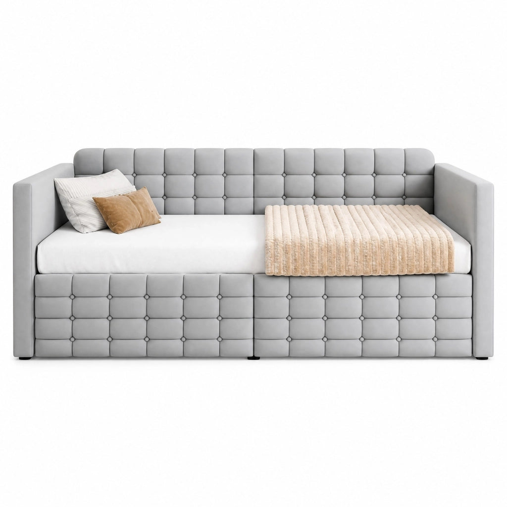 Letto con cassetti 90 × 190 cm imbottito con tasche laterali due cassetti e rete a doghe in velluto grigio chiaro
