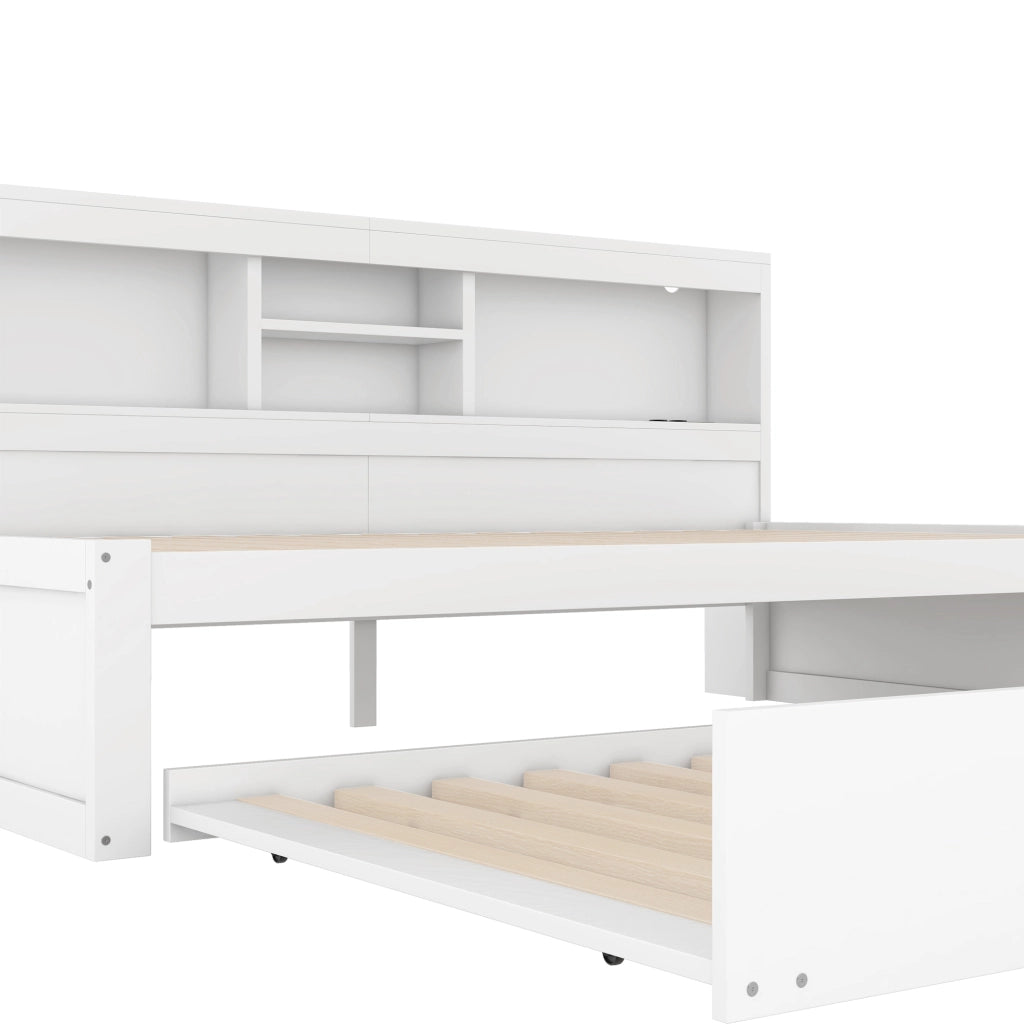 Letto singolo 90 × 200 cm con letto estraibile LED prese USB vano laterale in truciolato e MDF bianco