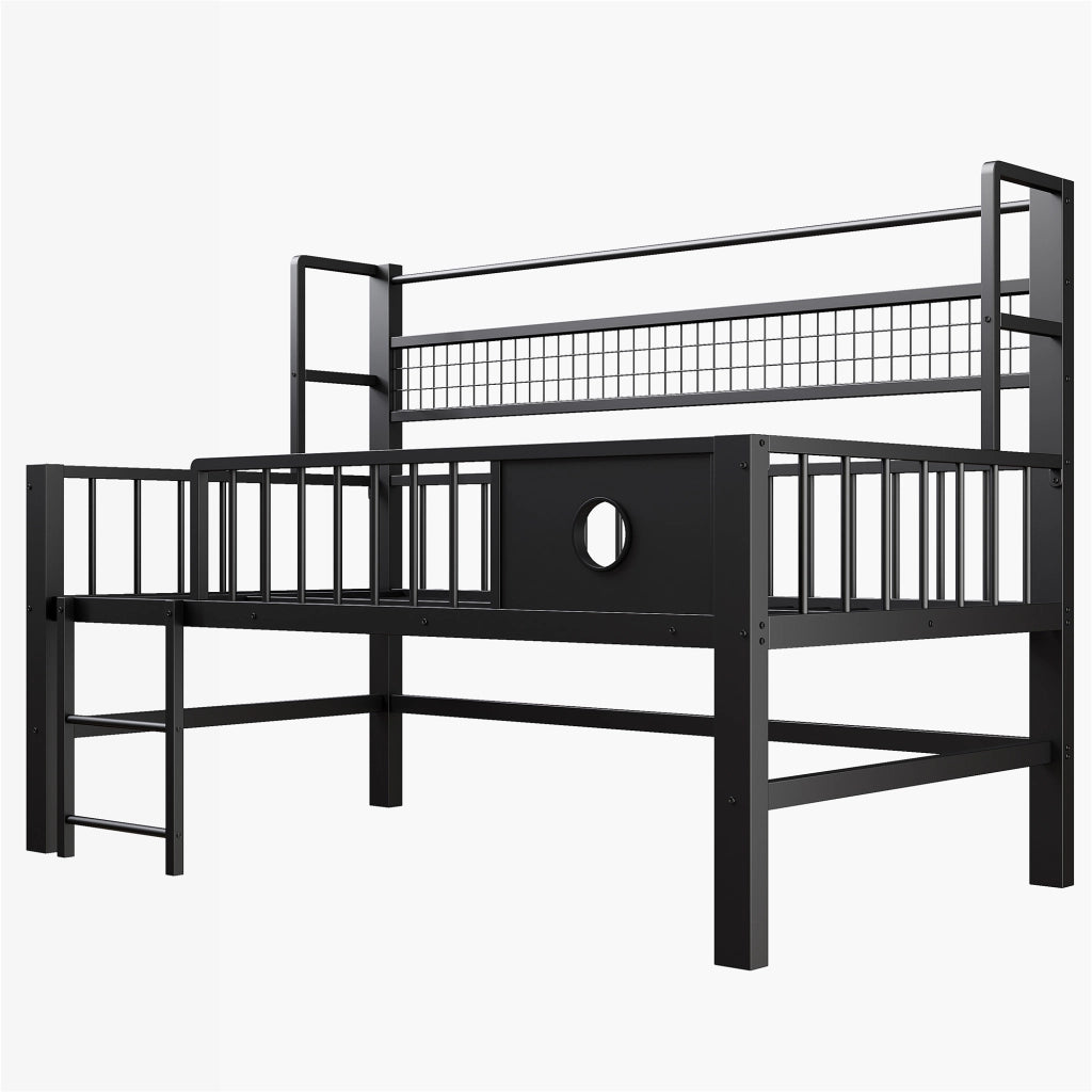 Letto a soppalco basso per bambini 90 × 200 cm in metallo e MDF nero con sponde alte ripiano e barra appendiabiti
