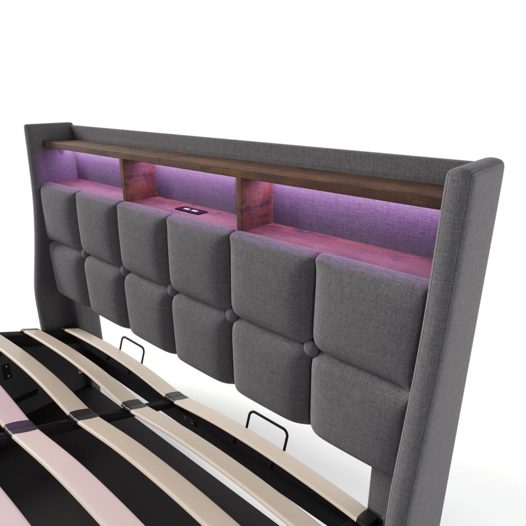 Letto imbottito 160 x 200 cm grigio con LED, USB e contenitore