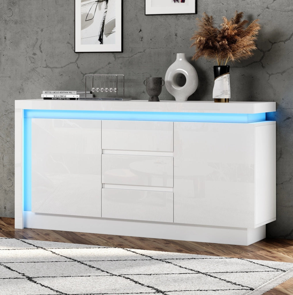Credenza bianca lucida 140x35x72 cm con LED e 3 cassetti