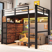 Letto a soppalco 140 × 200 cm con 8 cassetti ripiani pannello forato LED in metallo e MDF nero