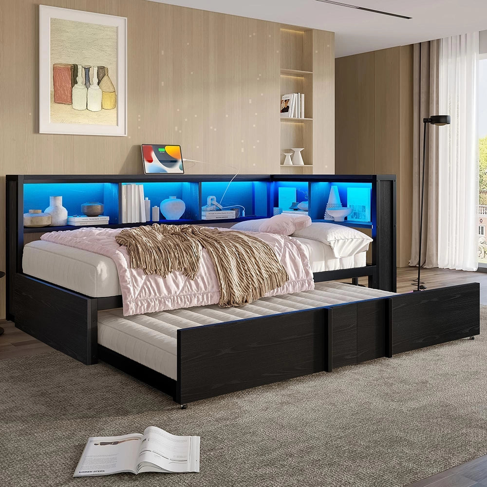Letto giorno metallico 90x200cm?- Xylo - contenitore LED USB nero