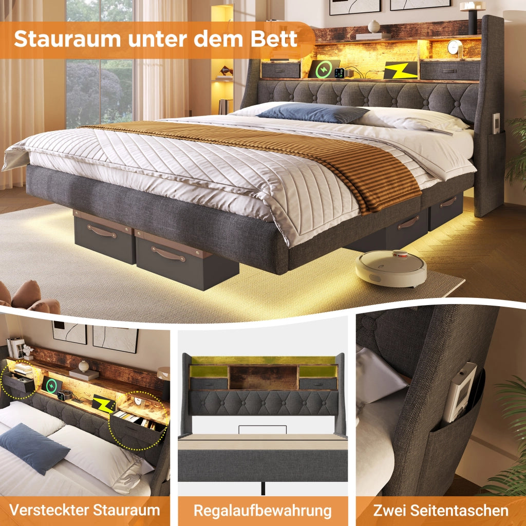 Letto matrimoniale 180 × 200 cm 2 posti con LED; testiera contenitore; USB e Type-C; senza materasso; lino grigio