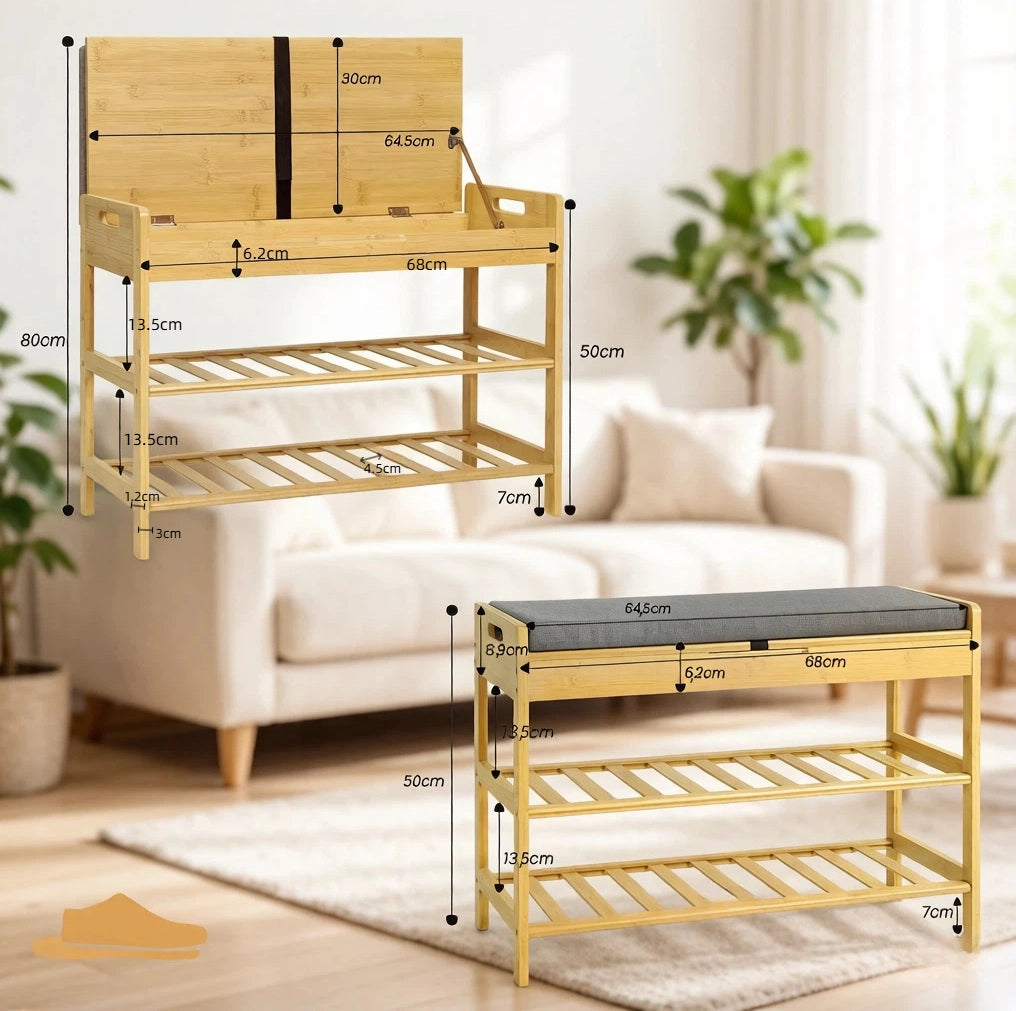 Panca Porta Scarpe Angolare in Bambù con Seduta Morbida e Vano Nascosto, 68x50x30 cm, Capacità 150 kg