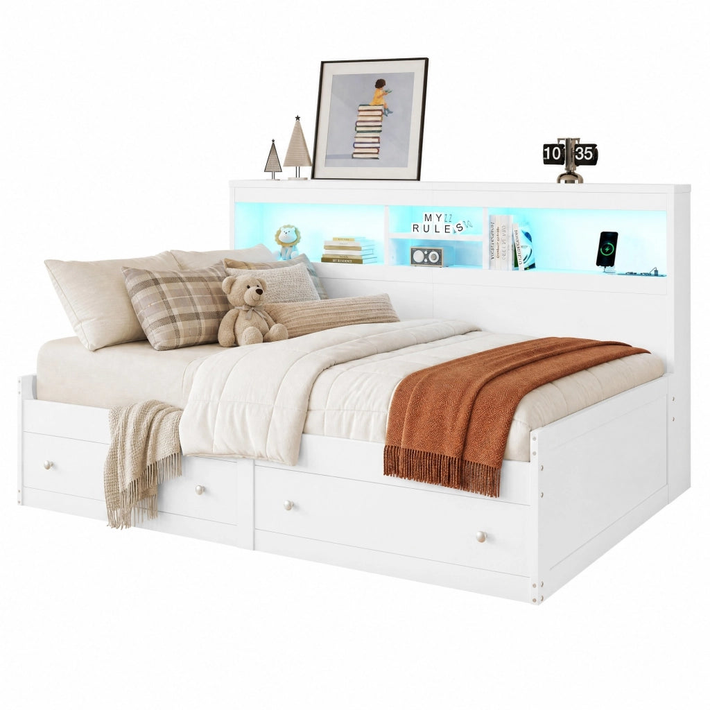 Letto giorno bianco 90x200 cm con divano letto, 2 USB, luce d'ambiente e due cassetti, struttura in truciolato e MDF