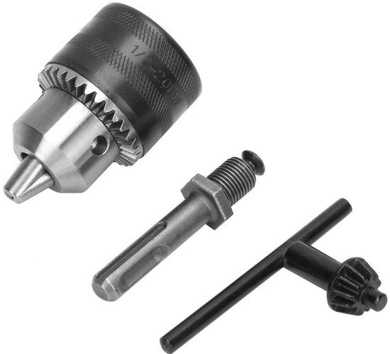 Chiusura a Boorkop con Chiave - 1/2-20UNF - 3 Denti - Bocchetta SDS-plus - Set di Ganci 1,5 mm-13 mm - Strumento di Conversione - Adatto per Trapani