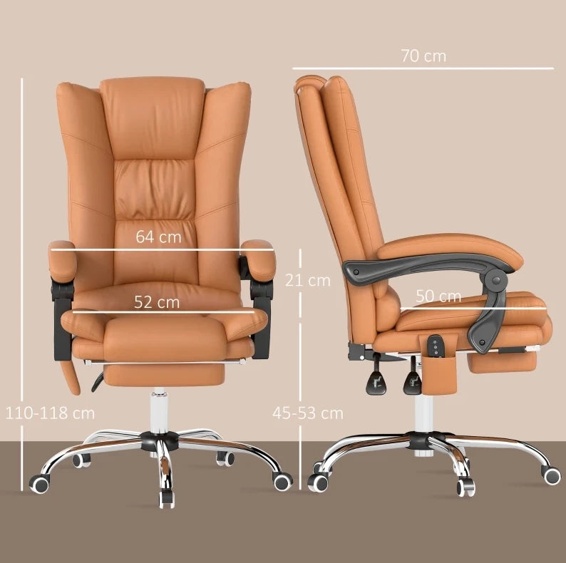 Sedia da Ufficio con Massaggio, Funzione Riscaldante e Schienale Reclinatabile, Altezza Regolabile, Rivestita in Ecopelle Marrone Chiaro