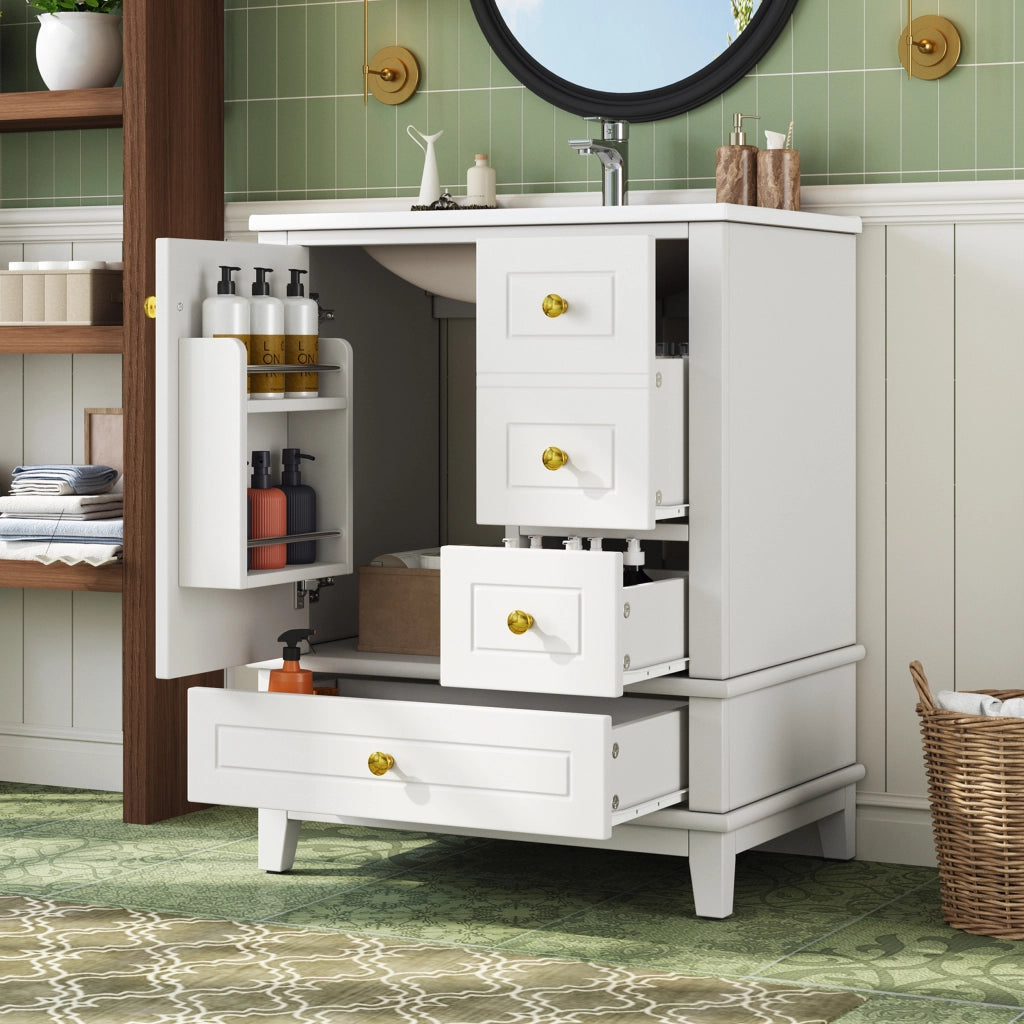 Mobiletto con lavabo da bagno a terra con 3 cassetti e anta soft-close in MDF bianco lucido 61 × 47 × 86 cm