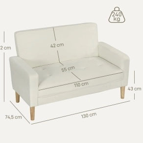Divano 2 posti in tessuto crema con gambe in legno di caucciù, adatto soggiorno e camera da letto