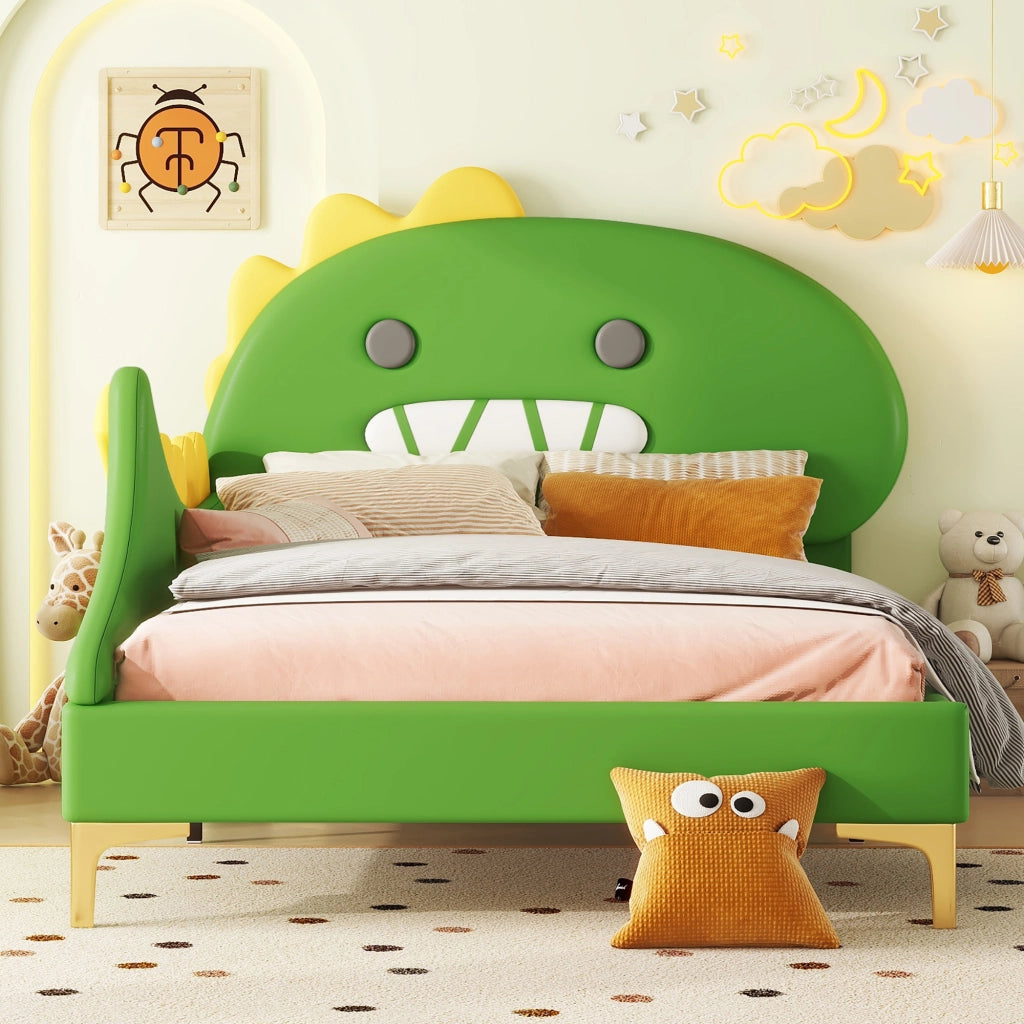 Letto per bambini 90 x 200 cm a forma di dinosauro dei cartoni animati, letto basso in PU - Verde