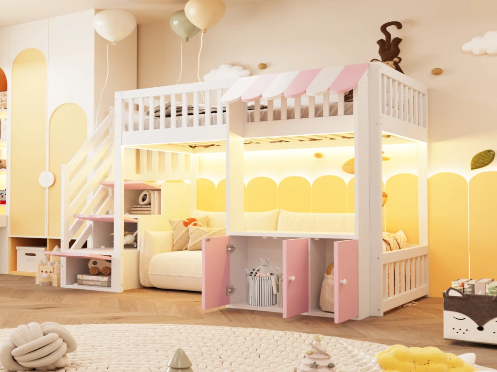 Letto a soppalco singolo 90 × 200 cm con scala contenitore in legno rosa e bianco con luci multicolore