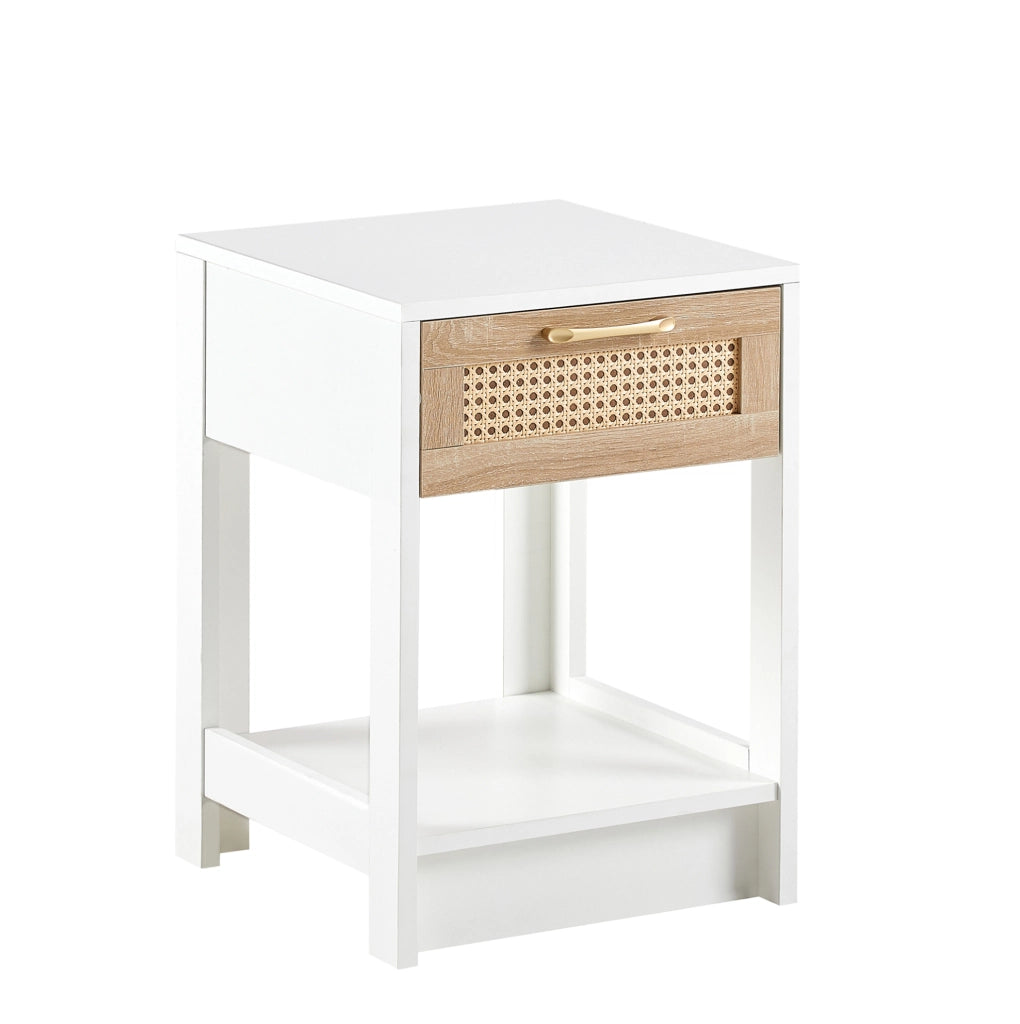 Comodino in rattan con cassetto, bianco, 55x40x40 cm, design moderno per camera e soggiorno
