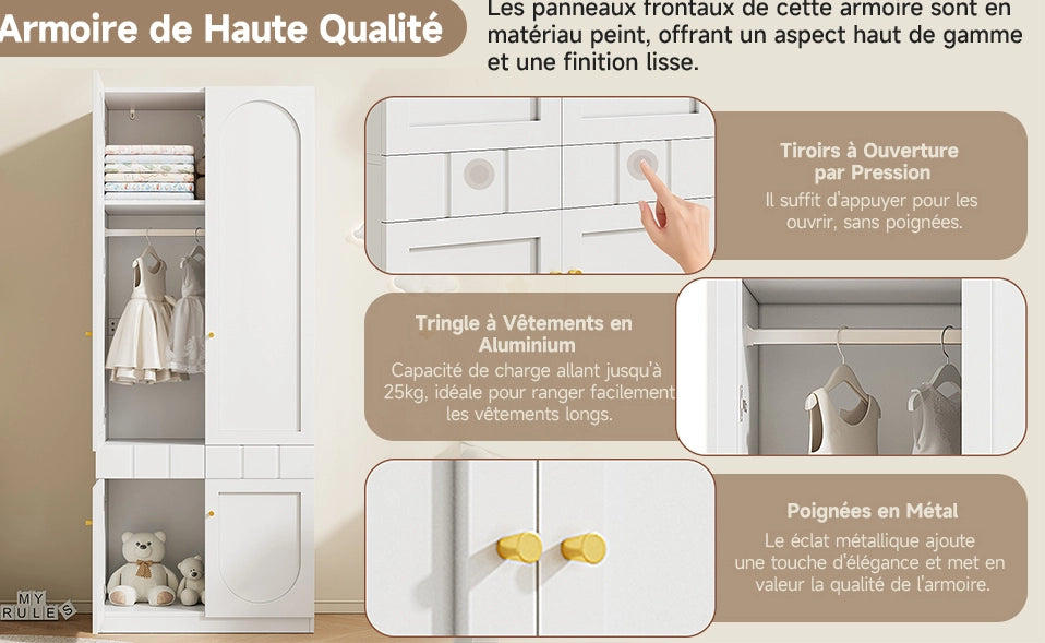 Set di 2 armadi bianchi laccati con 2 ante, appendiabiti e cassetti, 80×50×200 cm ciascuno