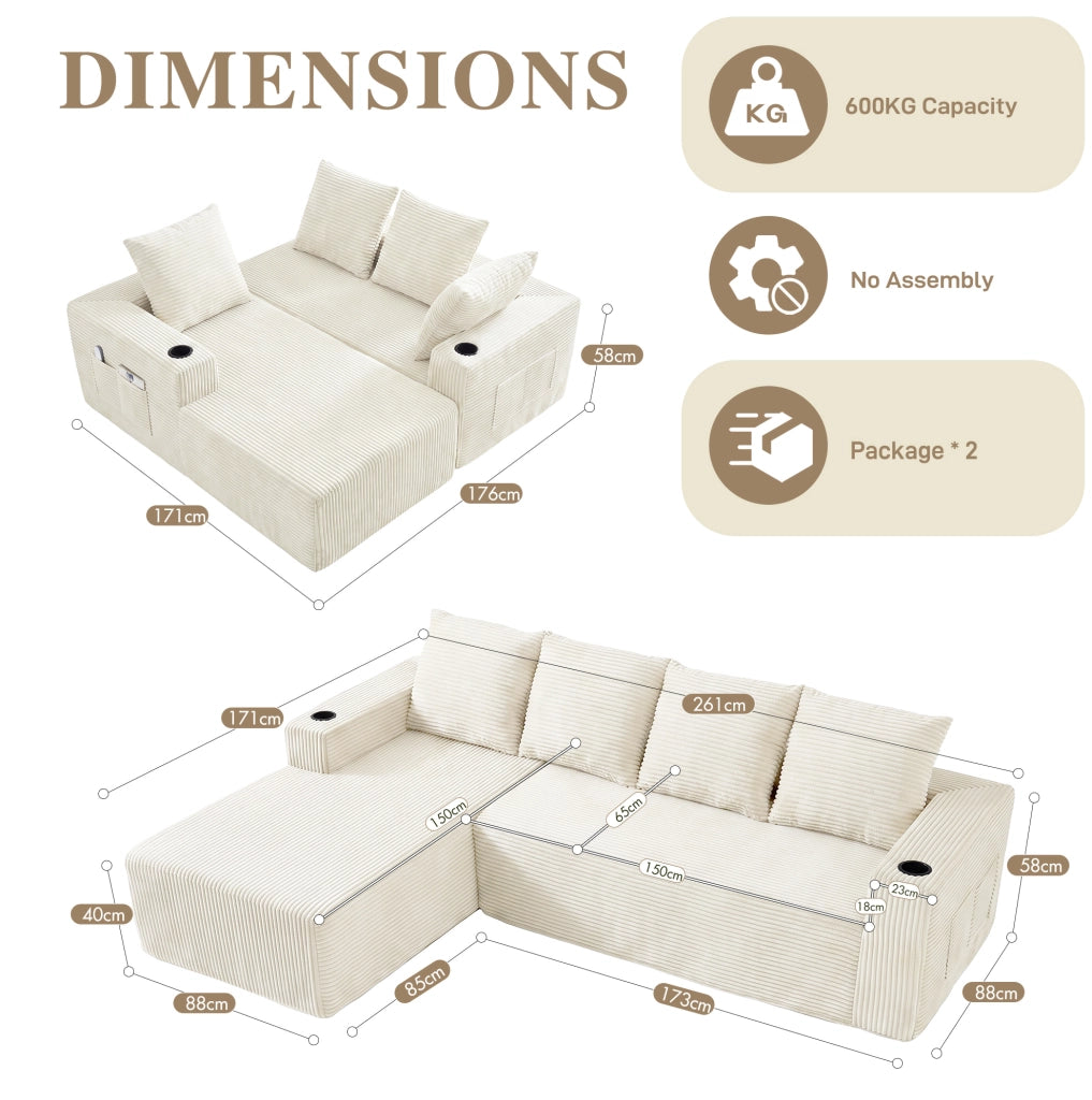 Divano modulare angolare con chaise longue reversibile; porta bicchieri e tasche; velluto a coste beige