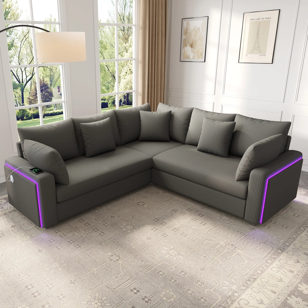 Divano angolare con LED, USB e USB-C, cuscini removibili in velluto a coste grigio, 198 × 198 × 83 cm