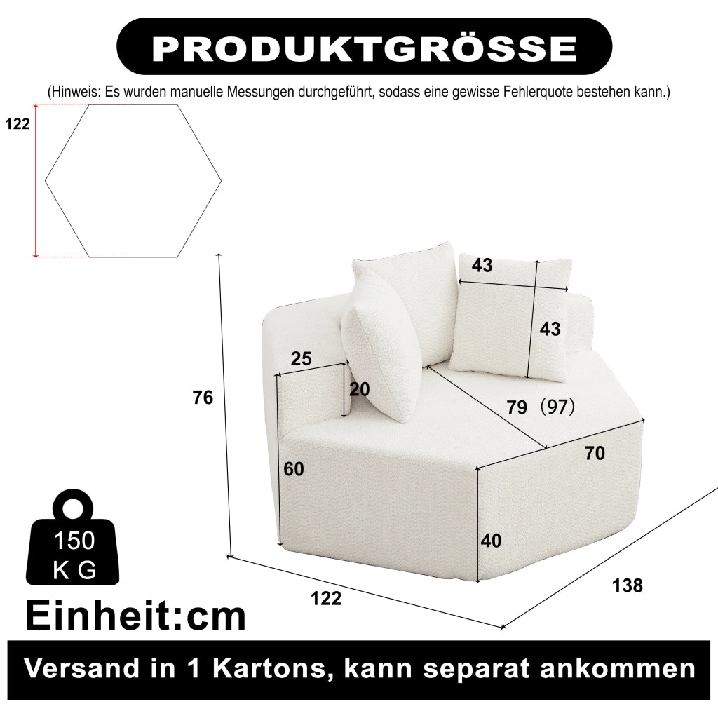 Poltrona pouf modulare esagonale con tre cuscini e base antiscivolo per soggiorno in ciniglia beige