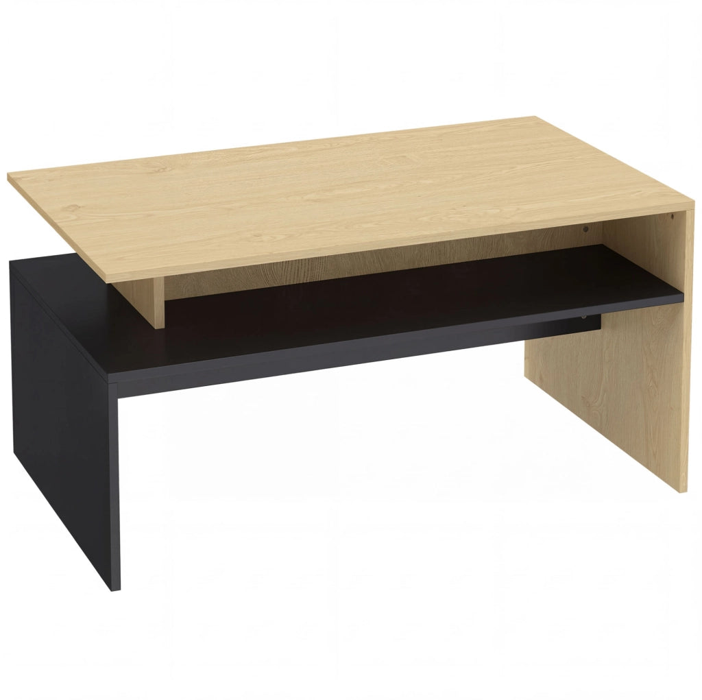 Tavolino da salotto ULEVR 95x55x50 cm con vano aperto, MDF nero e legno naturale