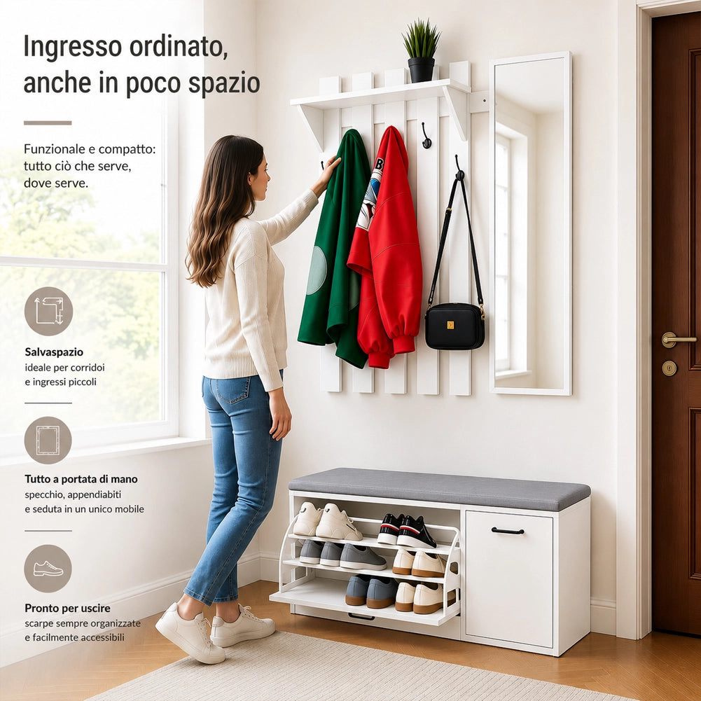 Set Ingresso con Scarpiera e Appendiabiti con Specchio Attaccapanni Bianco