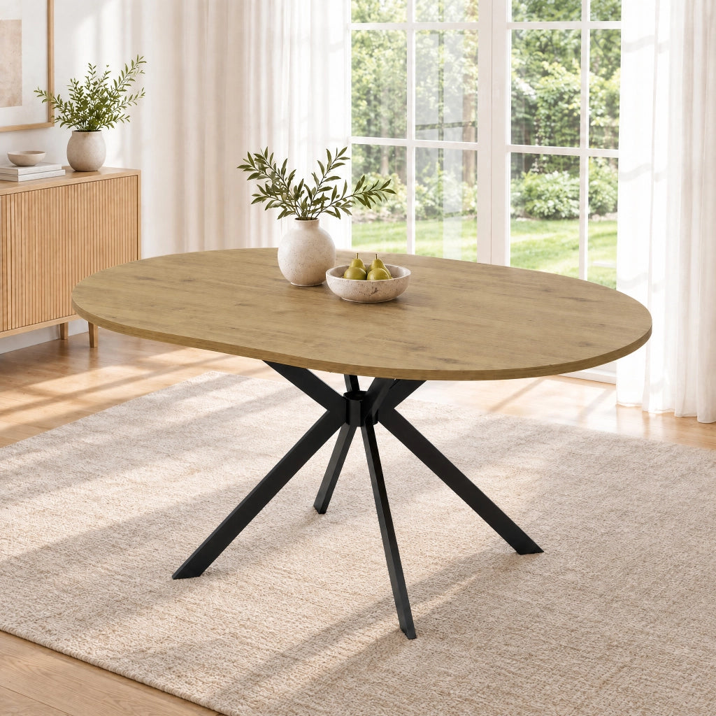 Tavolo Rotondo Allungabile 100-140x100 cm 4-6 Posti LEMONMAX; Diventa Ovale; Prolunga Integrata; MDF Effetto Legno e Gambe in Metallo