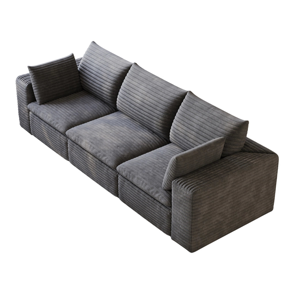 Divano modulare in tessuto grigio scuro con supporto in schiuma e design componibile