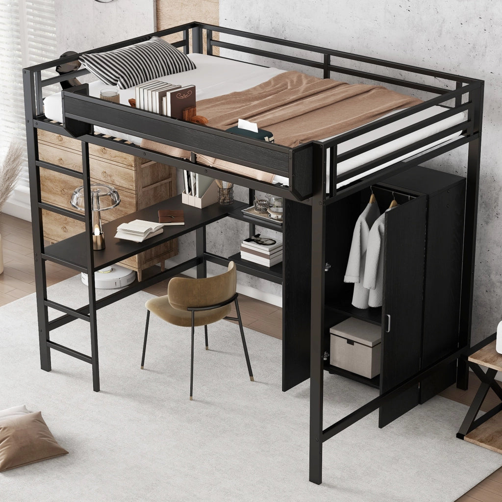 Letto a soppalco per bambini 140 × 200 cm con scrivania, armadio, ripiani e struttura in ferro e MDF nera