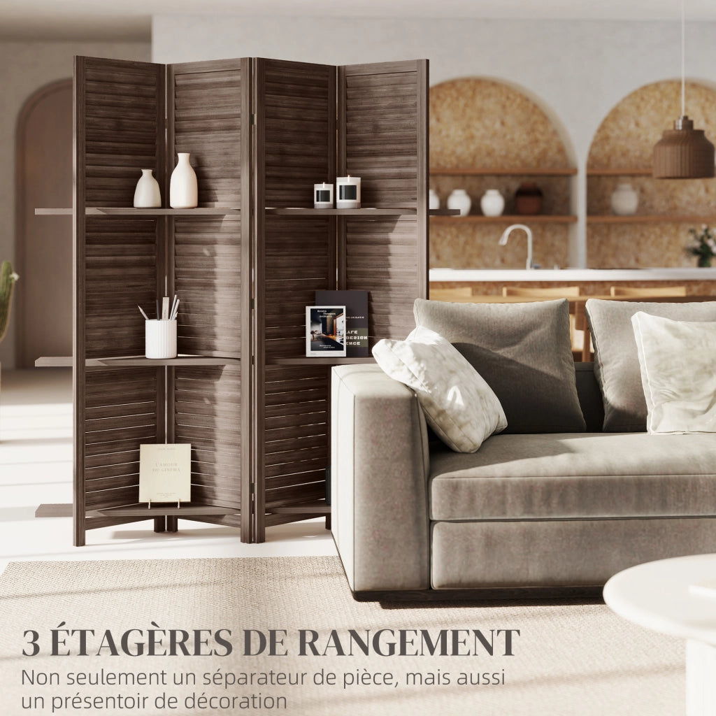 Paravento divisorio pieghevole ¨C Xylo ¨C legno noce 4 pannelli 160x170 cm con 3 ripiani