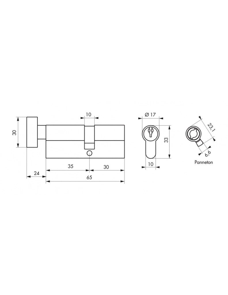 Cilindro SA con pomolo 35 x 30 mm, nichelato, 3 chiavi – THIRARD
