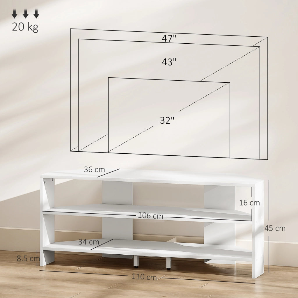Mobile TV Angolare in Legno con 2 Ripiani Aperti per TV fino a 47 Pollici ¨C zephmum ¨C Bianco 110x36x45 cm