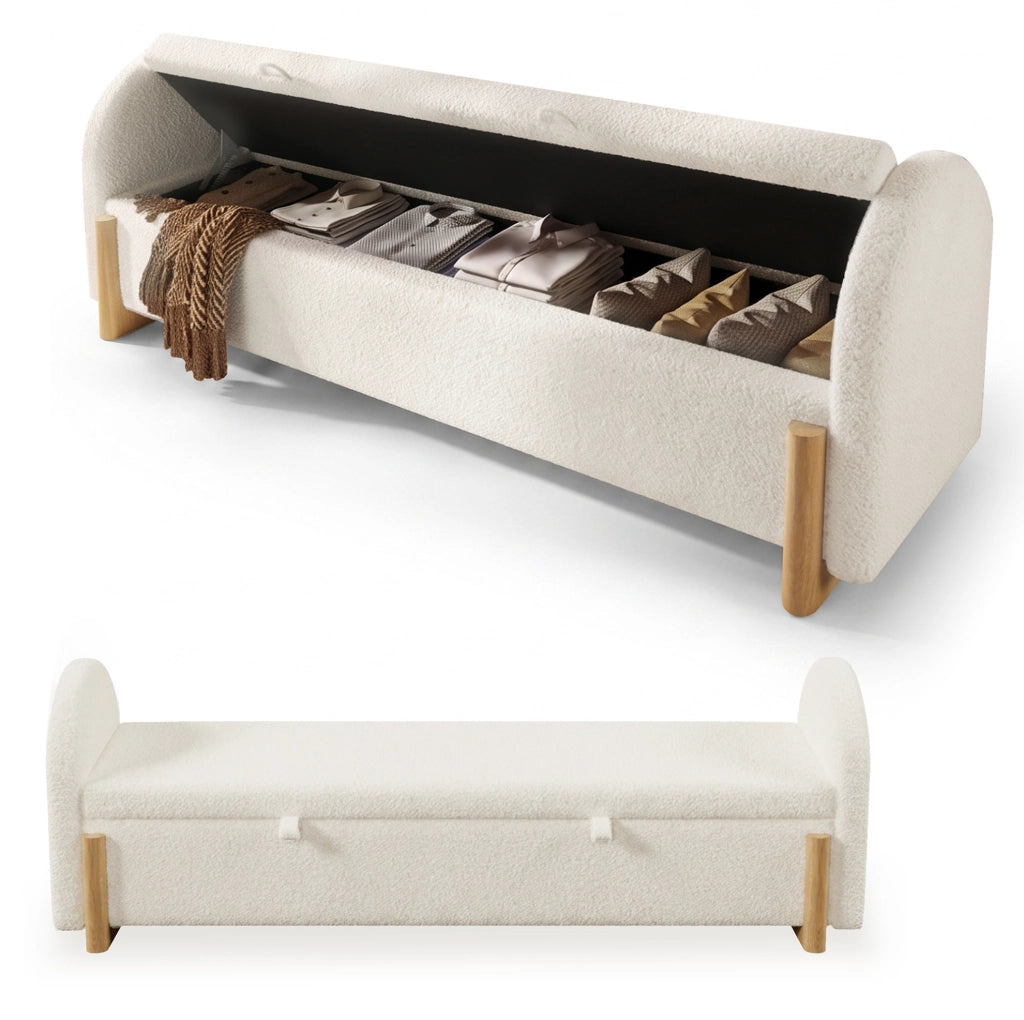 Panca contenitore con spazio idraulico 166x47x61 cm in tessuto bouclé bianco con gambe ad U in legno di gomma