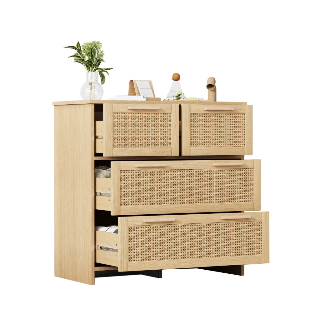 Cassettiera in MDF effetto rattan naturale con 4 cassetti 80x80x38 cm