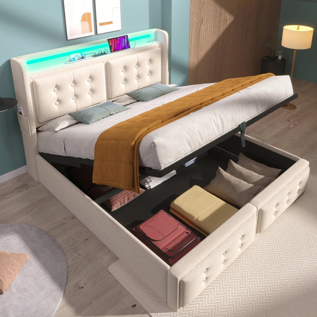 Letto contenitore 140x200 cm beige in tessuto misto cotone e lino con vano sotto la rete; LED; USB e USB-C
