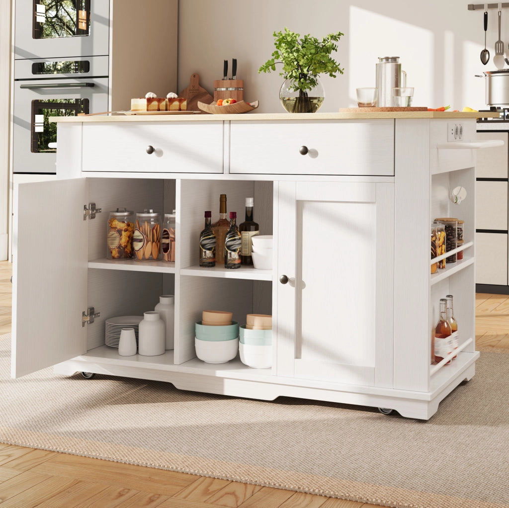 Isola cucina su ruote con piano pieghevole e prese; 151;5x84;7x91;7 cm; bianco e naturale