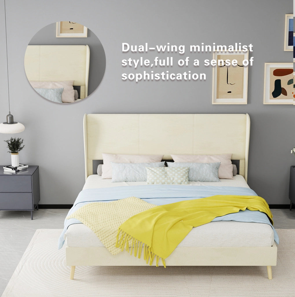 Letto imbottito moderno 160x200 cm con testiera beige e base bassa senza contenitore