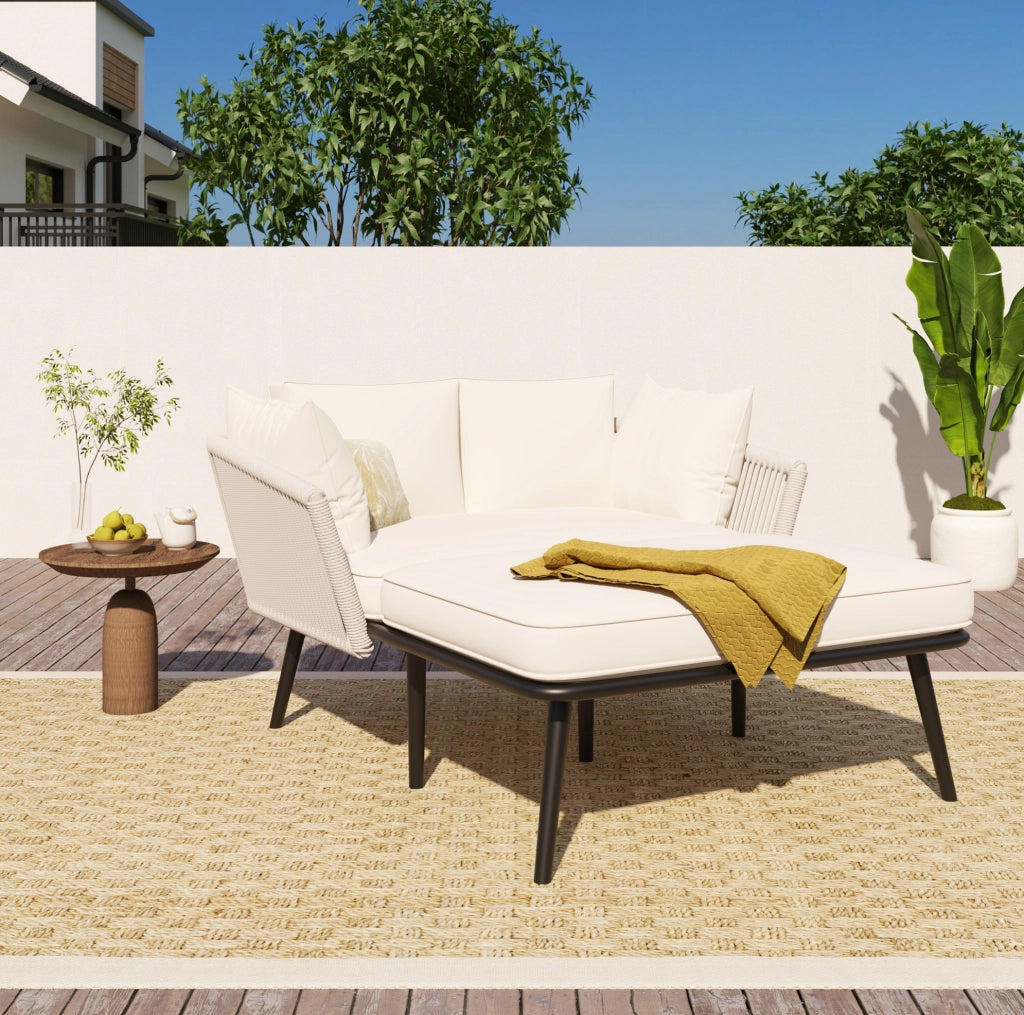 Sofa da giardino con 2 cuscini rimovibili e lavabili, lettino prendisole per esterni, color beige