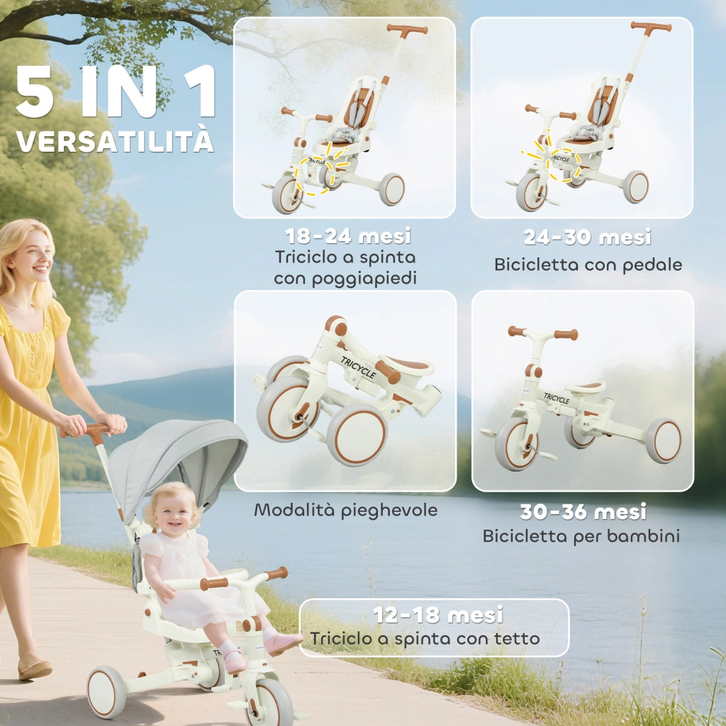 Triciclo per Bambini 5 in 1 96,5x49x101 cm con Maniglione e Cinture di Sicurezza Bianco Crema