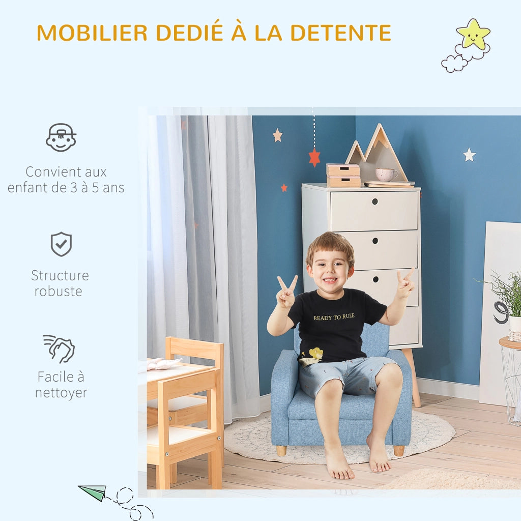 Poltroncina per Bambini Design Scandinavo in Tessuto di Lino e Legno con Braccioli Imbottiti e Seduta Comoda Blu