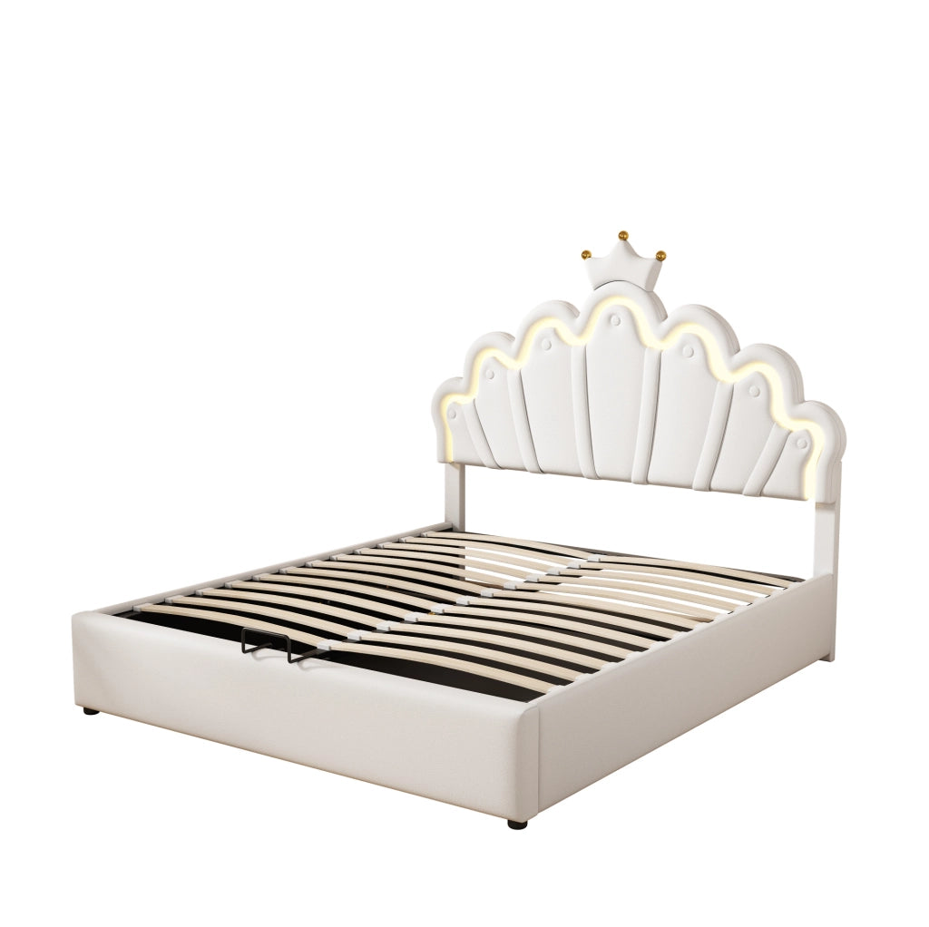 Letto imbottito 140x200 cm con contenitore e LED, testiera a nuvola con corona, PU bianco