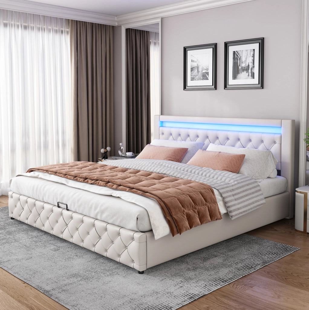 Letto imbottito 180x200 cm con rete a doghe, contenitore e LED