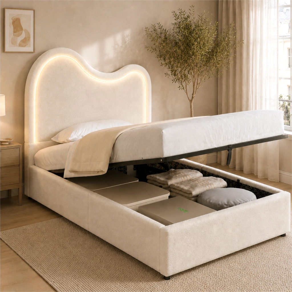 Letto contenitore singolo 90x200 cm per bambini; imbottito; sollevamento idraulico; rete a doghe; bouclé bianco