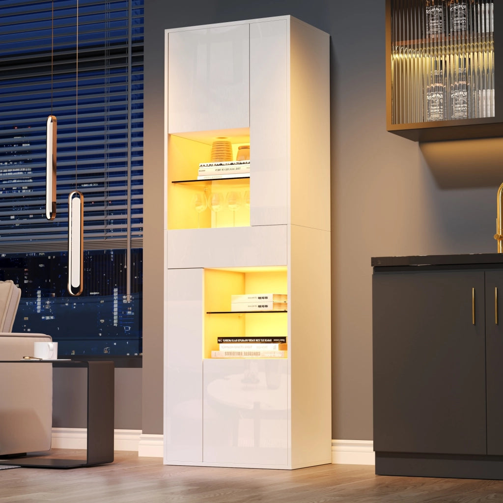 Vetrina alta con LED e 1 cassetto 4 armadietti ripiani regolabili vetro temperato bianco 55 × 38 × 170 cm