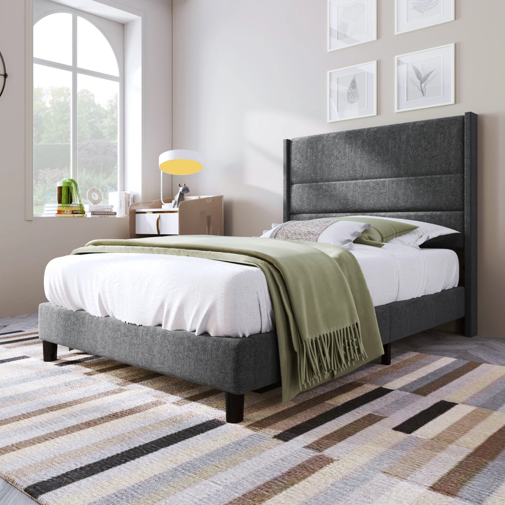 Letto imbottito singolo 90 x 200 cm con rete a doghe e testiera, rivestimento in lino grigio, design moderno senza tempo