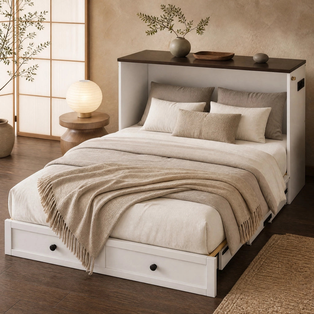 Letto matrimoniale trasformabile 140 × 200 cm con cassetto ripiano USB e presa in pino e MDF bianco