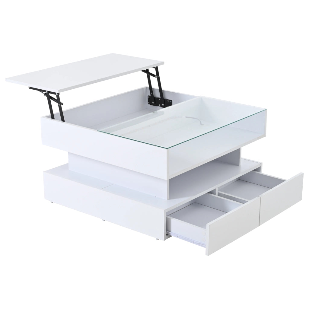 Tavolino da salotto elevabile con 2 cassetti, vani contenitore e luci LED, bianco lucido, 80 × 80 × 45 cm
