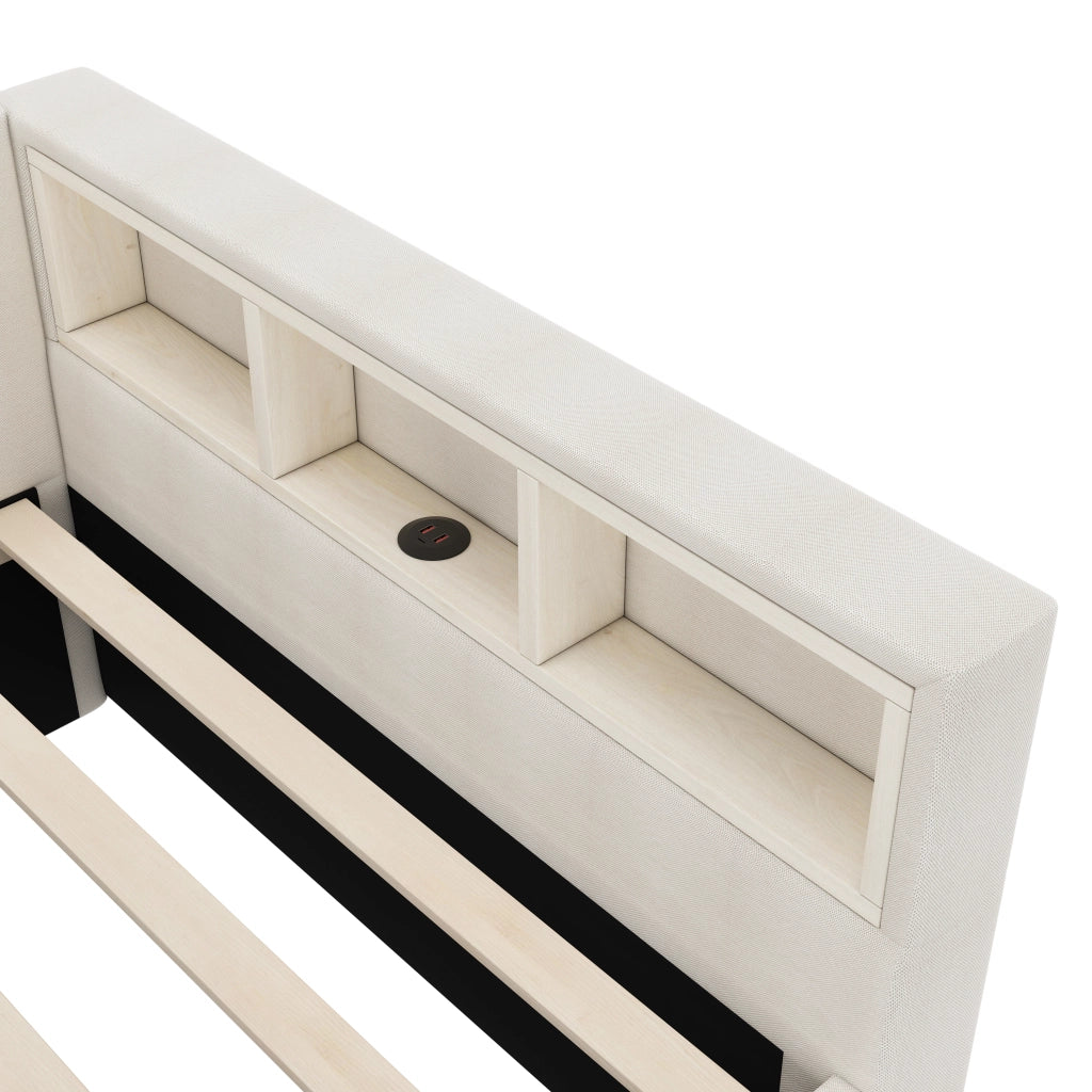 Letto matrimoniale 140×200 cm con LED; USB e Type C; cassetti e ripiani; senza materasso; lino e MDF; beige
