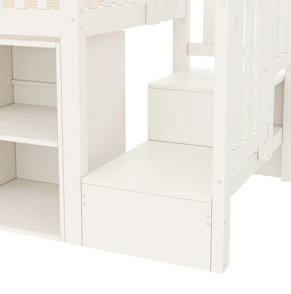 Letto rialzato 90x200 con cassetti, LED e armadio scala