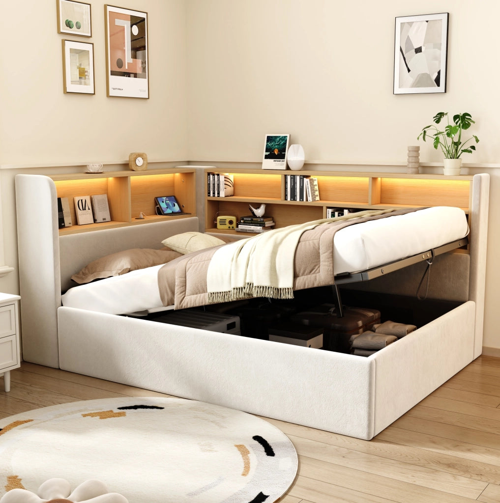 Letto giorno 90x200 cm in velluto beige con contenitore idraulico, LED, USB e schienale integrato