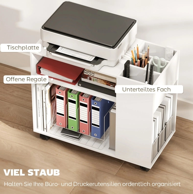 Carrello per Stampante Bianco Compatto 70x34x60 cm con Ruote e Ripiani