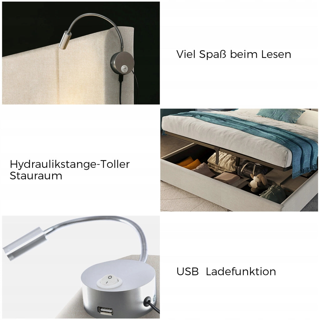 Letto imbottito con contenitore e illuminazione - Xylo - 140x200